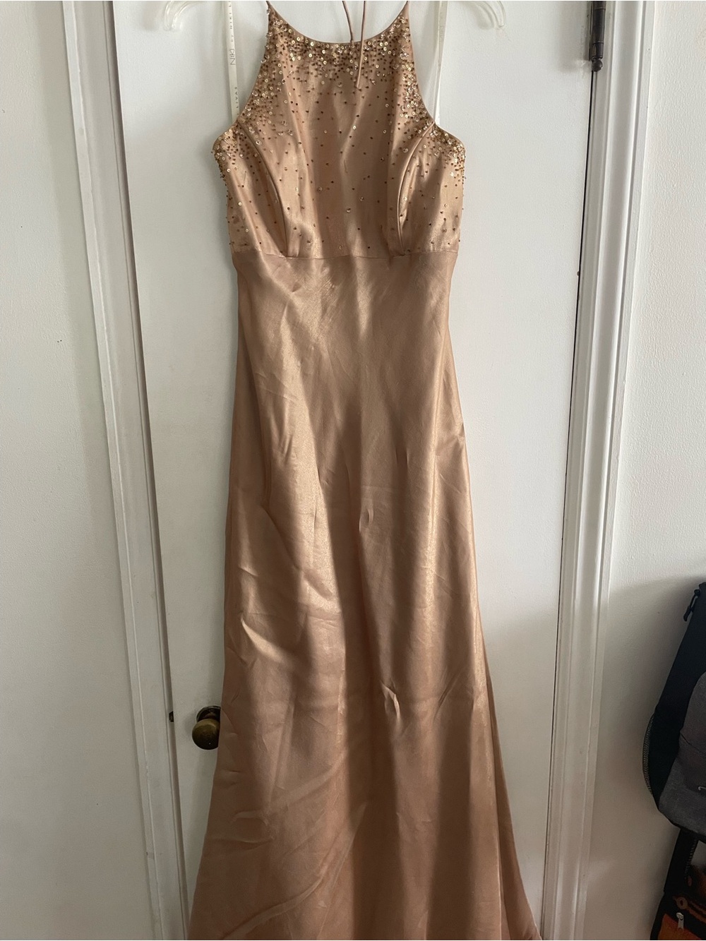 Elegant Champagne Evening Gown with Beaded Bodice